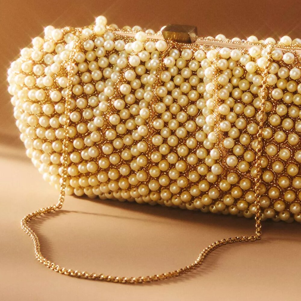 Anthropologie Santi Gemelli Clutch Pearl Chain Gold Taupe Summer Wedding